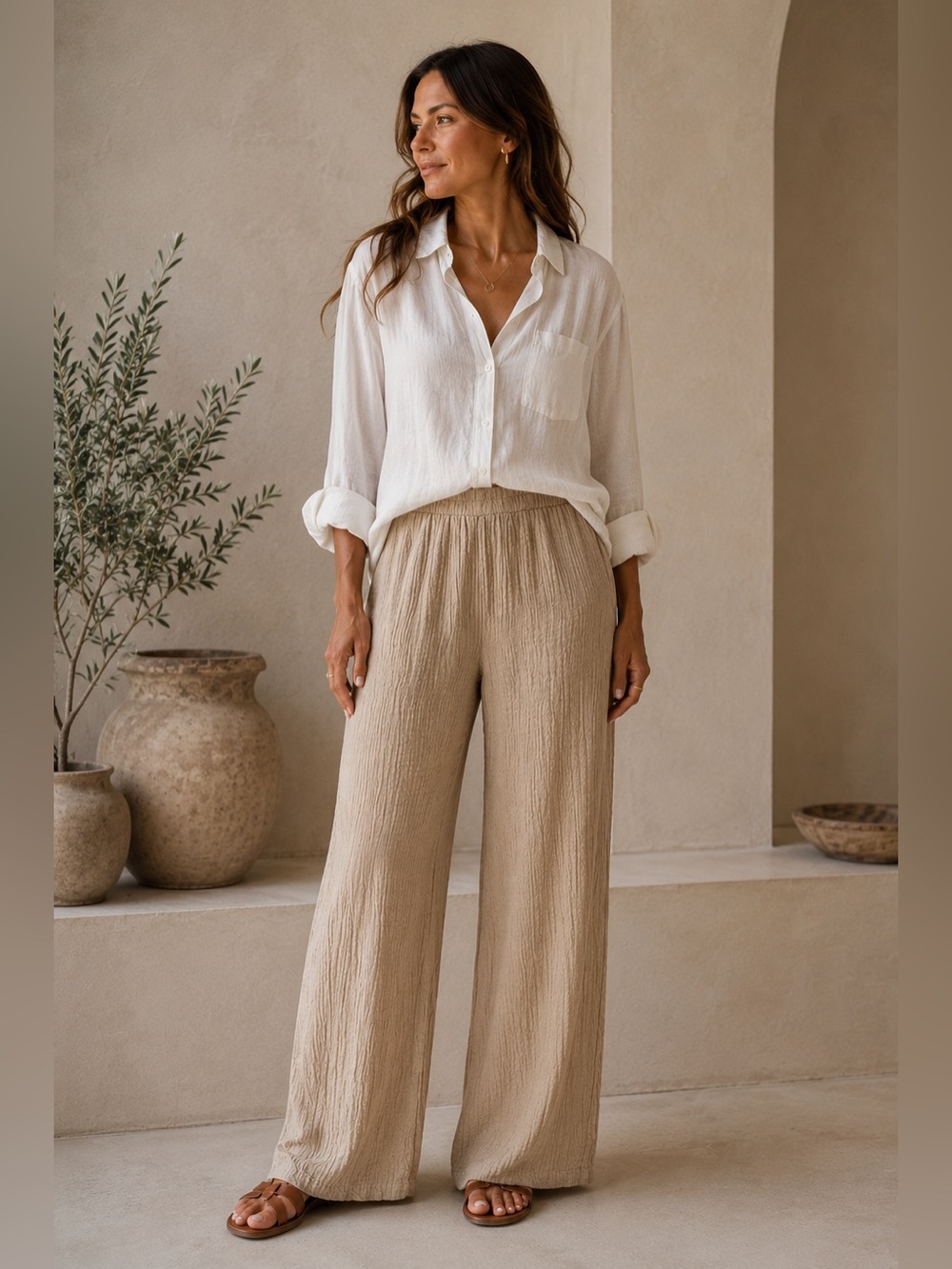 Grande Madame 100% Linen Gauze Pull-On Pants | Relaxed Wide Leg